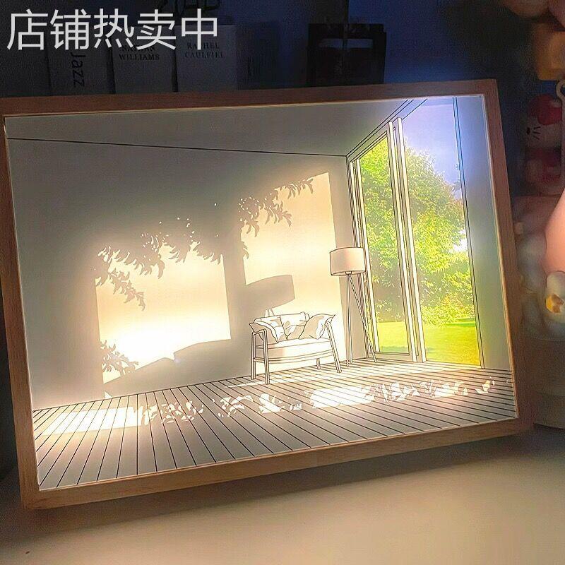 网红ins灯光画三色变光室内装饰挂画会发光的素描画小夜灯USB插口图片