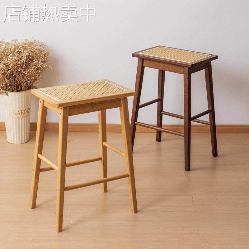 藤编脚凳日式复古家用加厚凳子结实耐用板凳实木岛台吧台凳