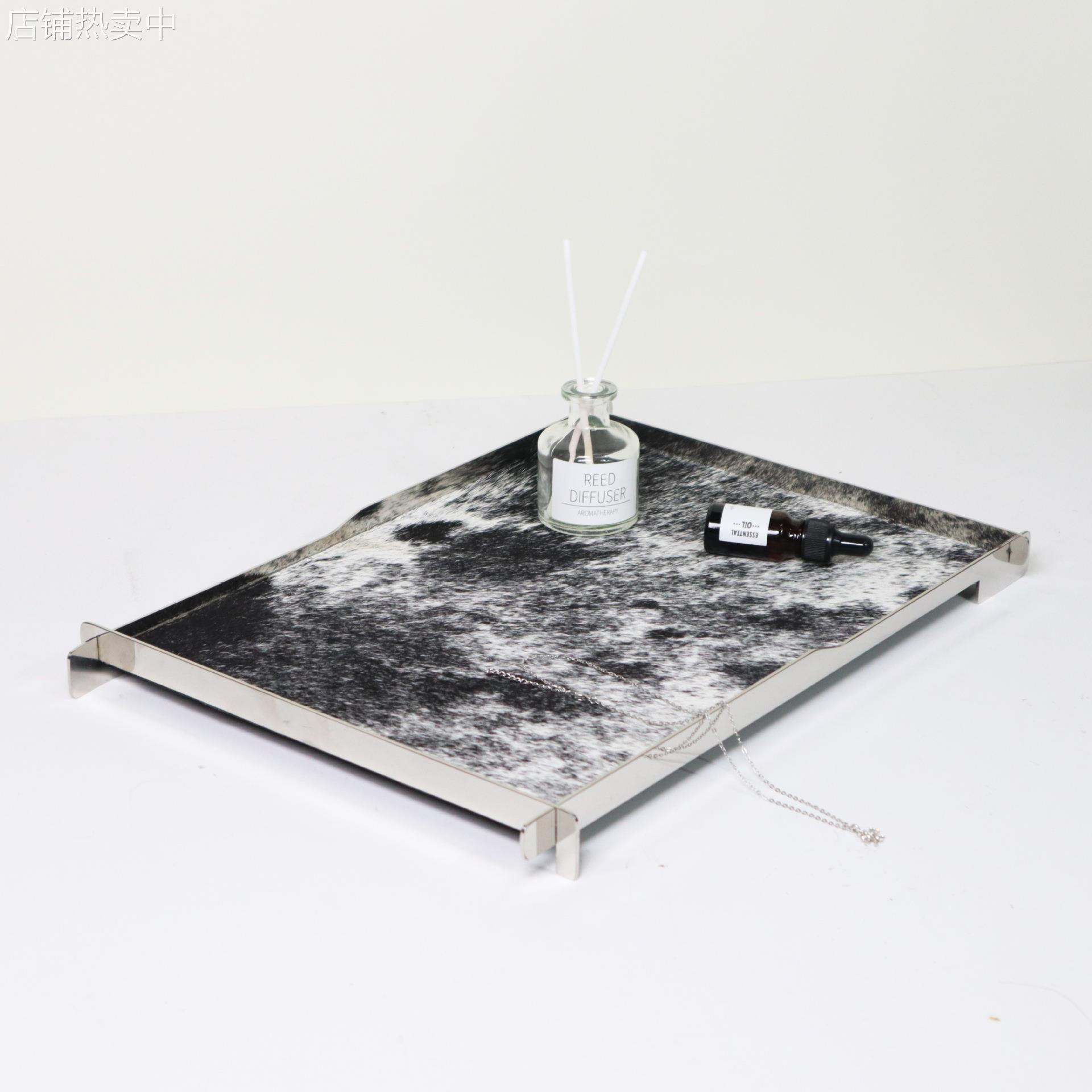 现代轻奢不锈钢天然马毛托盘置物创意摆件桌面茶几装饰品样板间