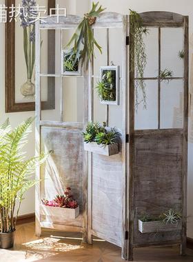 田园复古折叠屏风实木玄关隔断花架橱窗镂空遮挡服装店落地式摆件