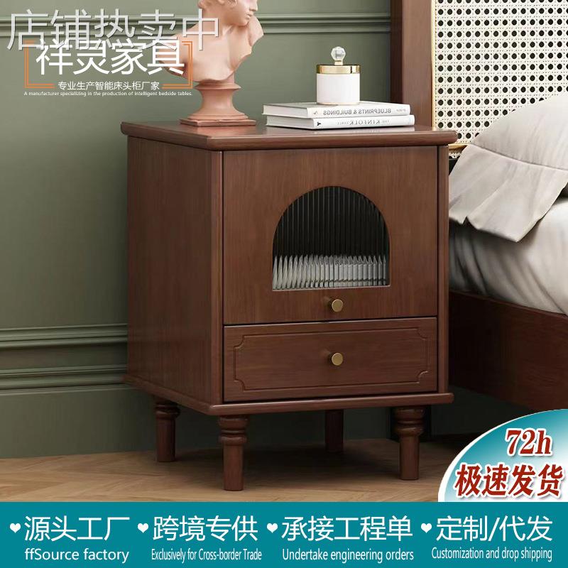 法式复古风黑色实木床头柜子卧室家用小户型储物收纳柜床尾置物柜