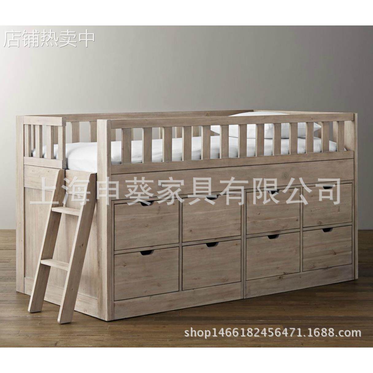 美式乡村纯实木儿童床多功能储物床带扶梯护栏床创意孩床家用
