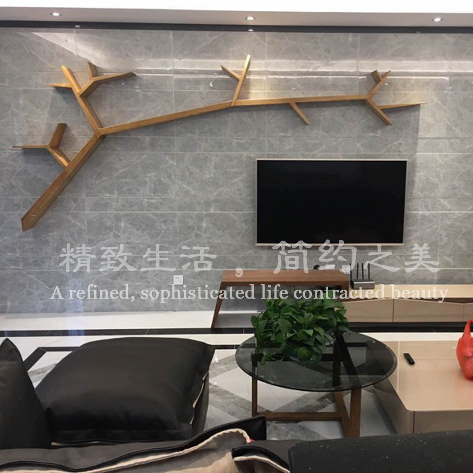 北欧墙上树形书架实木电视背景墙搁板置物架沙发背景装饰架壁挂架
