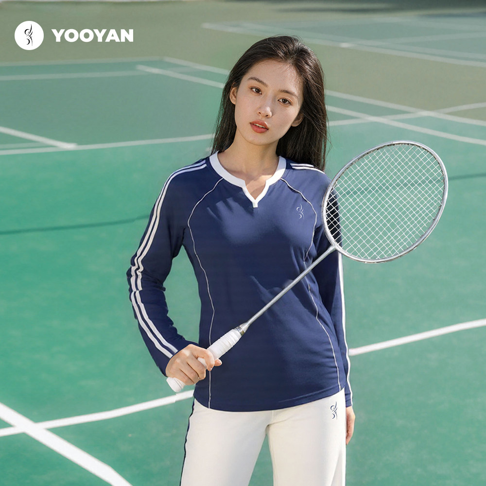 羽盐 羽毛球服女长袖深蓝色运动训练服三条杠设计专业球衣 秋冬新