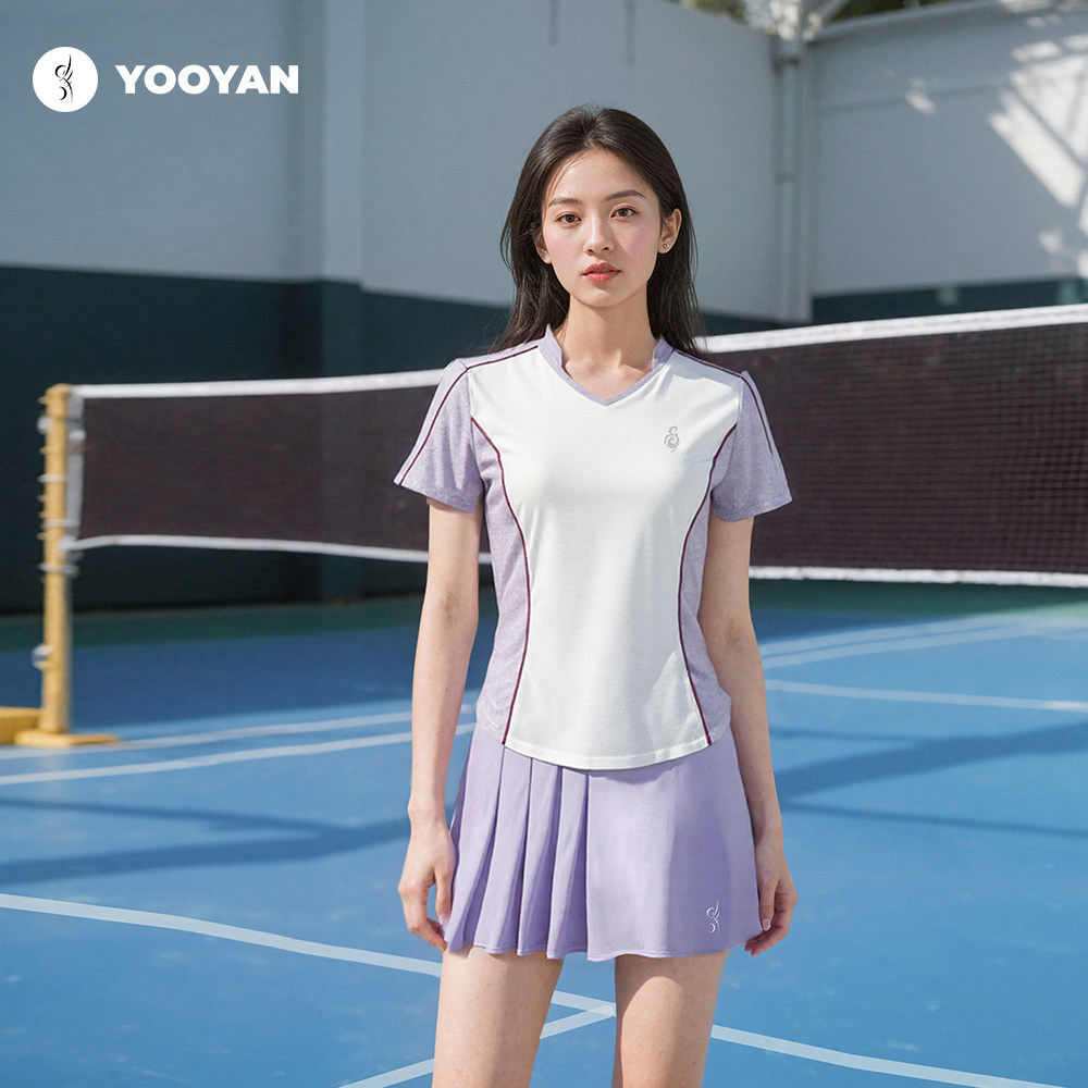 YOOYAN 紫粉色短袖羽毛球服女运动训练速干透气 飞鸟纹新中式V领