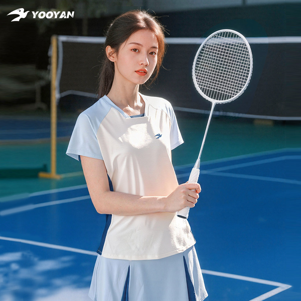 羽盐 海岸风 新中式运动套装 羽毛球网球服女装短袖T恤 透气速干