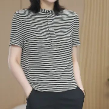 2025短袖夏季不起球纽扣立领条纹衬衫休闲针织女装显瘦打底气质