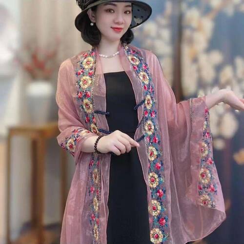 凯丽2026夏季女装薄款披肩重工刺绣幻影纱盘扣国风多功能披肩外a2