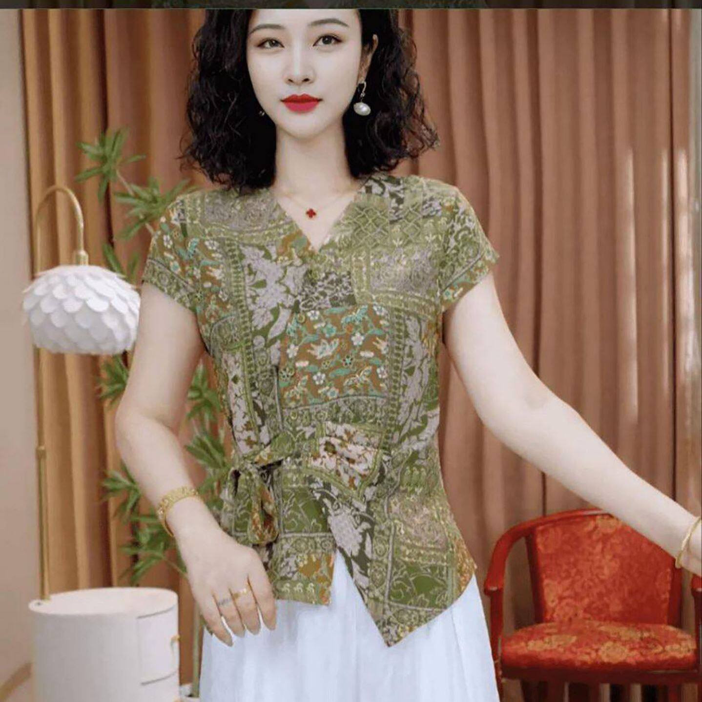 #馍岸女装开衫扣印花小衫夏季女款系带v领短袖2026新款薄款上衣a1