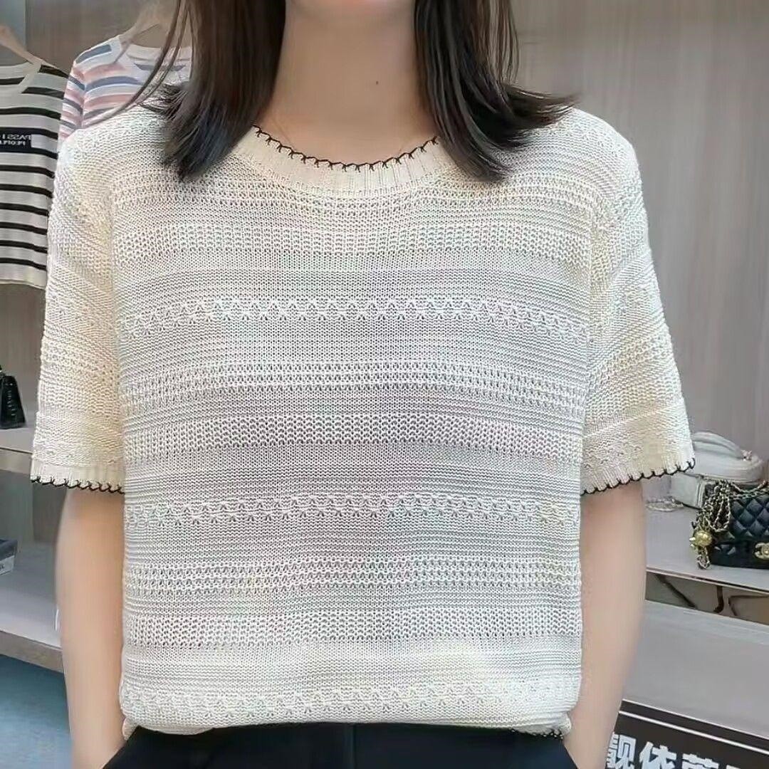 钩花镂空针织衫短袖t桖女夏季新款洋气百搭薄款时尚爆款小衫上衣