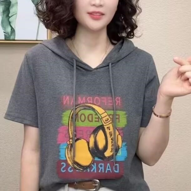 2026夏季新款透气印花减龄百搭女士短袖连帽休闲卫衣T恤#6801 - 实物图