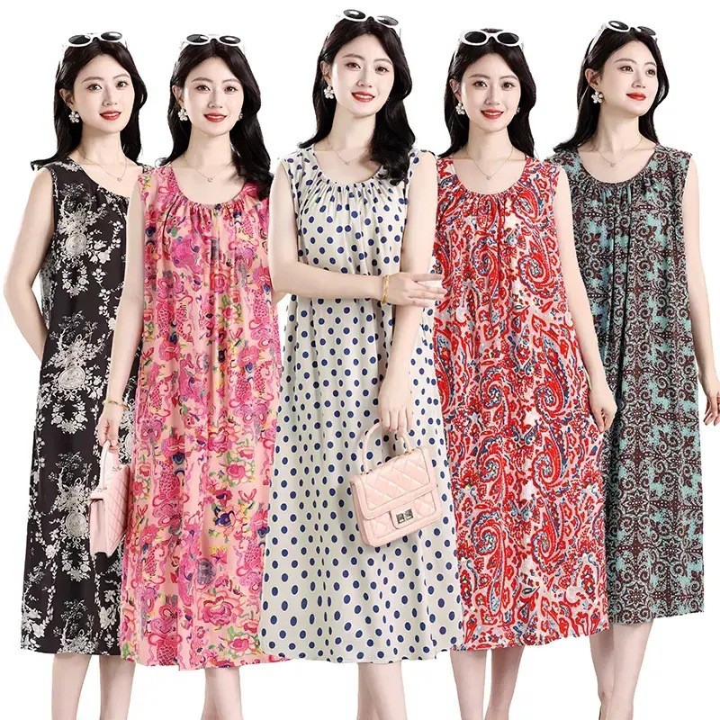 【透气凉爽】睡裙女夏季中老年妈妈睡衣宽松印花裙子绵绸家居服大