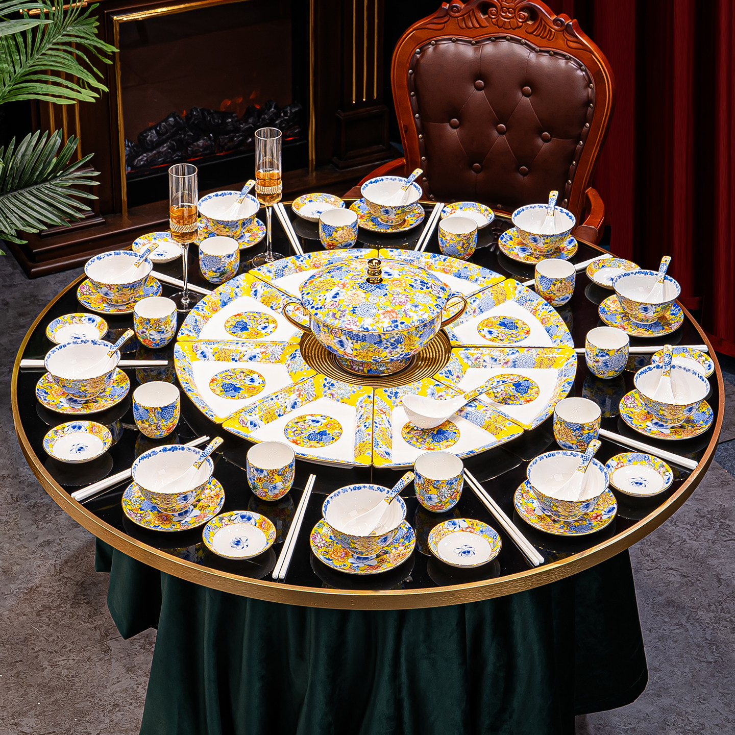 珐瑯彩中式圆桌餐具扇形餐具拼盘组合碗盘套装宫廷风万花乔迁送礼