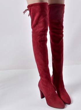 Women big size 41 42 43 long boots 尖头粗跟过膝靴 弹力长靴女