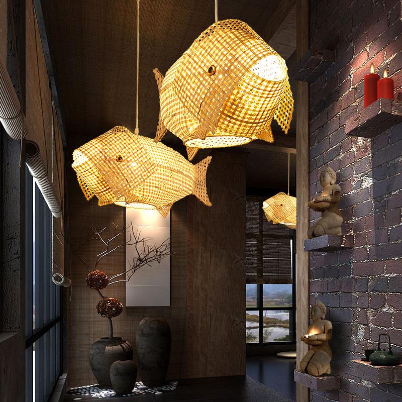 中式吊灯餐厅鱼灯竹编灯火锅店饭店创意个性工程酒店鱼形吊灯