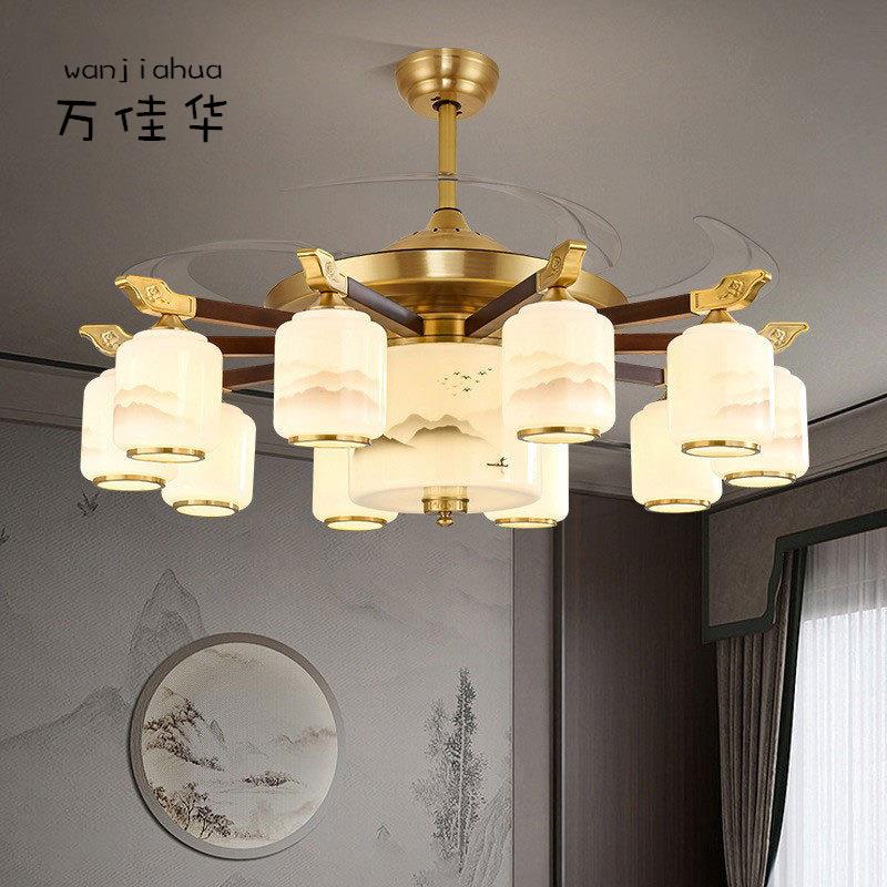 新中式客厅风扇灯铜加木别墅餐厅吊扇灯主卧室吊灯2024年新款