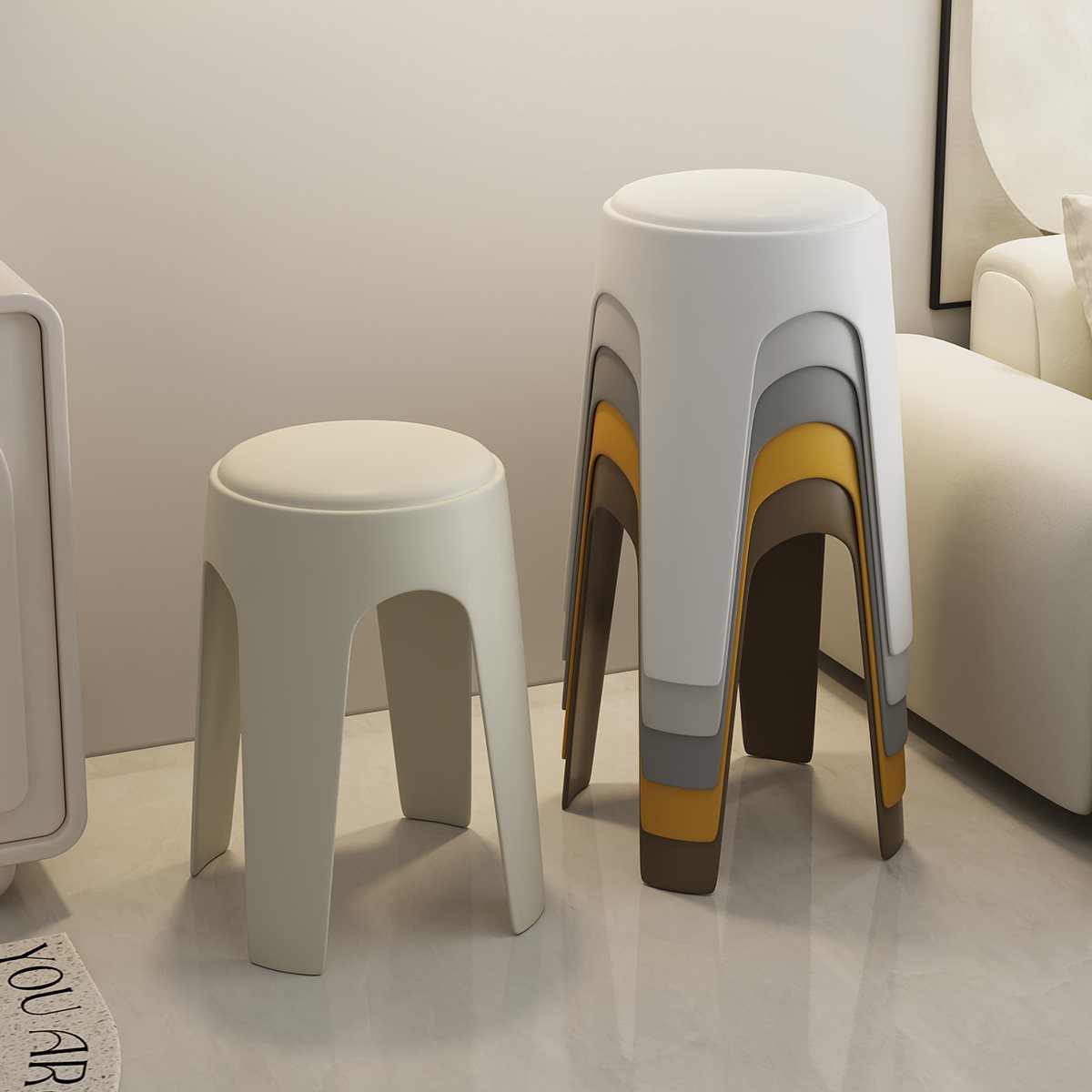 批发塑料凳子家用加厚可叠放软包圆凳轻奢感板凳结实耐用餐桌