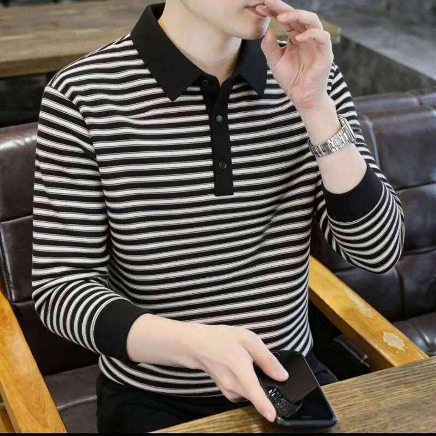 芸菲汇精选服饰男装复古条纹POLO衫秋冬男士海军风长袖翻领上衣a8