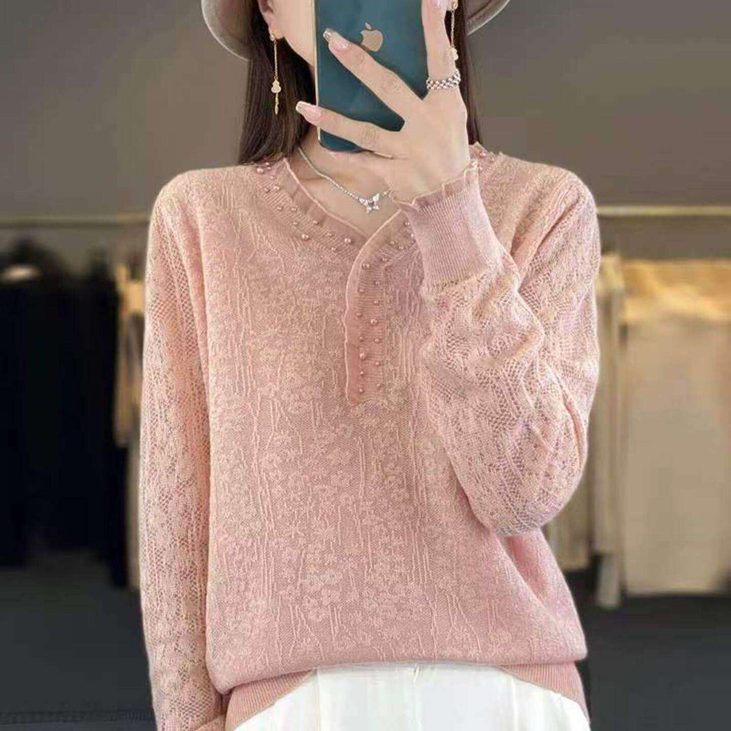 铂瑾精品女装2026春秋季新款女士V领蕾丝花边针织衫遮肉显瘦毛a9