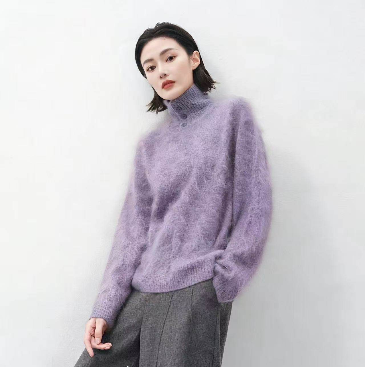 秋冬加厚宽松羊绒拉绒拉毛长袖高领慵懒风纽扣翻领POLO领针织衫