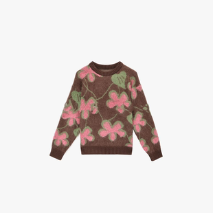 600克羊绒羊毛拉绒拉毛高克重加厚宽松毛巾绣花朵针织衫圆领毛衣