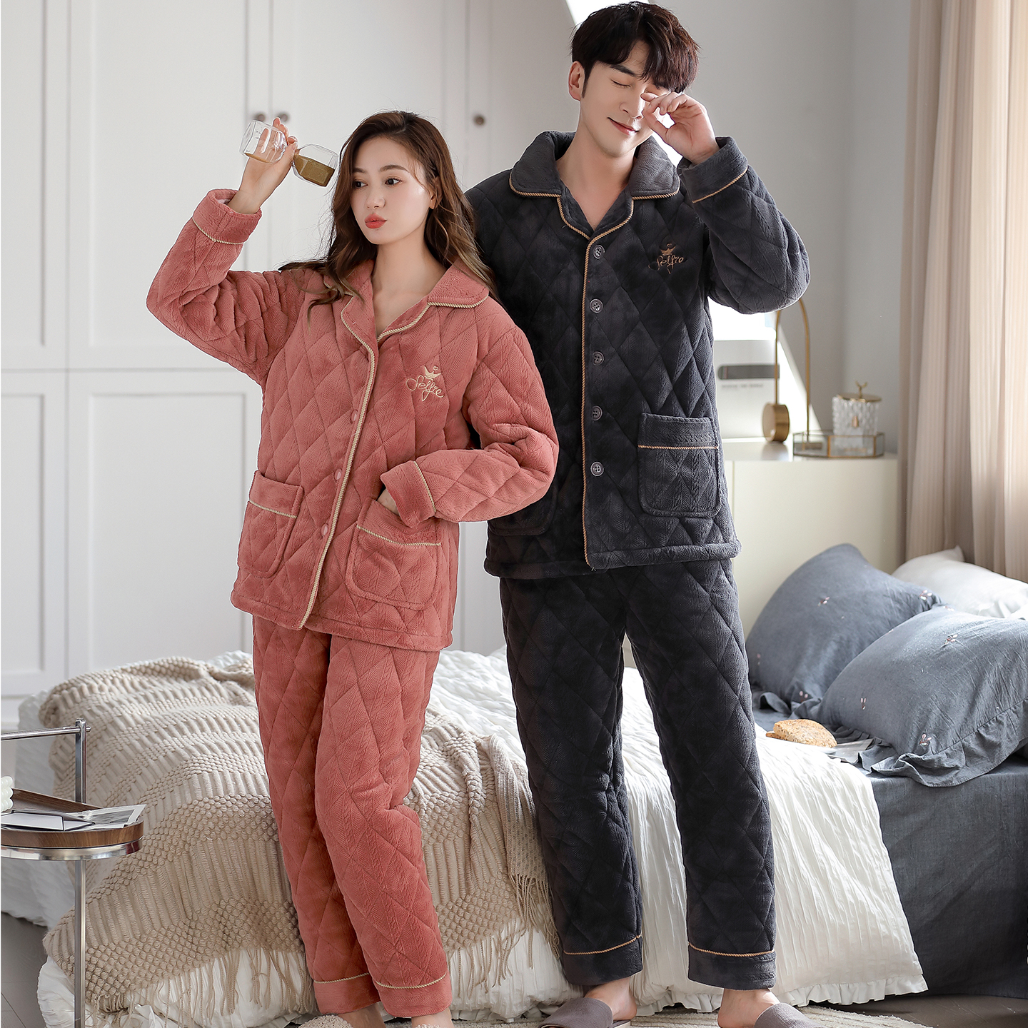 三层加厚情侣睡衣男女士冬季夹棉