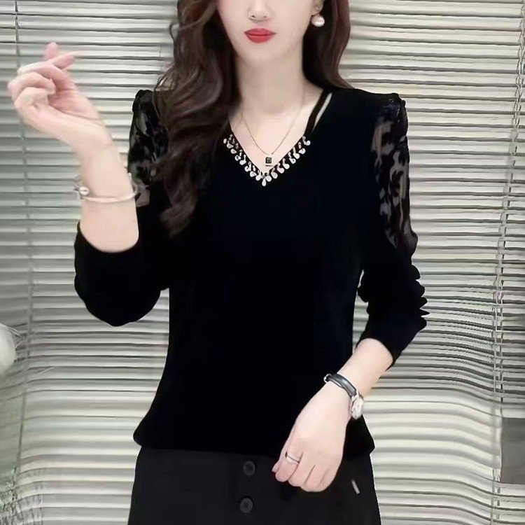 爆款2026春秋季丝绒长袖T恤女黑色打底小衫V领妈妈装上衣a4