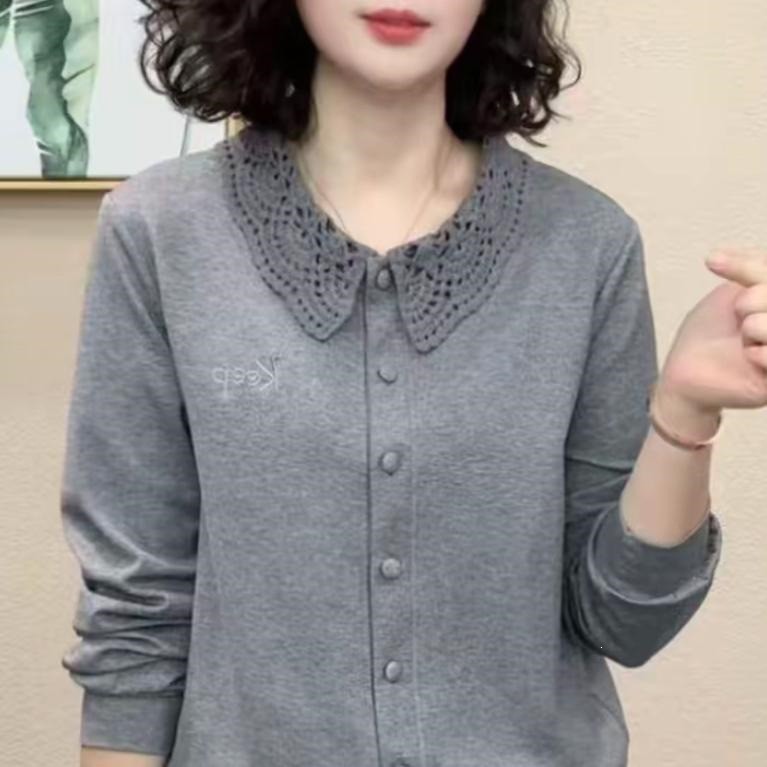 秋季新款蕾丝镂空洋气娃娃领妈妈长袖T纯色显瘦洋气减龄休闲上a1