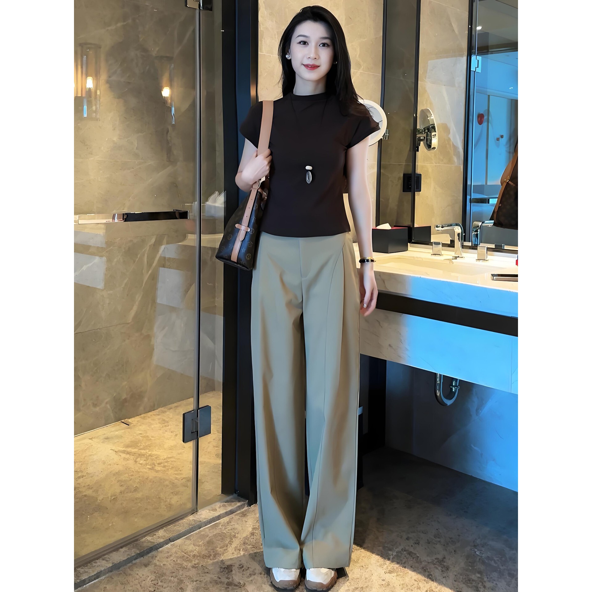 点击率休闲时尚套装女洋气半高领T恤夏季新款修身上衣高腰直筒裤