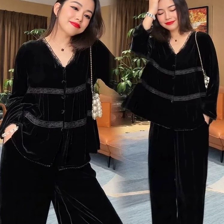 套头金丝绒套装女2026春秋季蕾丝边V领上衣九分裤两件套a9
