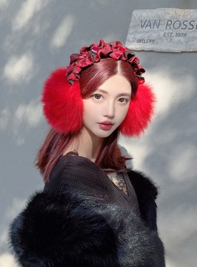 CREAMPP 原创烈焰红色泡泡褶皱复古图腾宝石高颅顶整皮狐狸毛耳罩