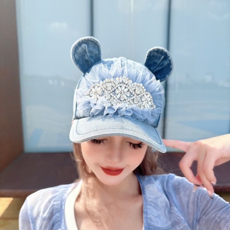 设计师立体耳朵鸭舌帽 CREAMPP 潮款厚牛仔花式珠钻蕾丝棒球帽