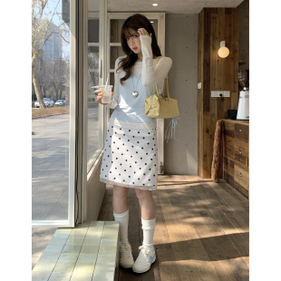 韩系气质小清新早春套装内搭圆领长袖短款吊带蕾丝拼接波点半身裙