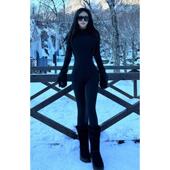 纯欲风辣妹黑色显身材健身薄绒黑色拉链连体衣秋冬内搭运动连体裤