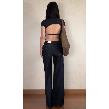 美式辣妹性感露背黑色圆领短袖上衣夏季设计感显瘦修身小众T恤女