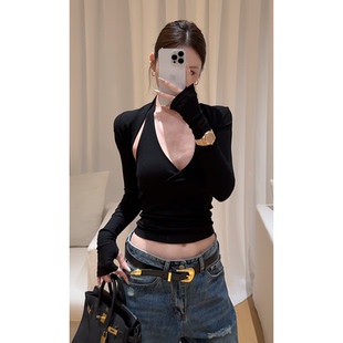 坑条针织两件套 坎肩外搭开衫 纯欲风辣妹挂脖V领修身 吊带背心长袖