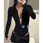 纯欲风辣妹网纱拼接深V领长袖 连体上衣显瘦性感内搭欧美小众T恤女