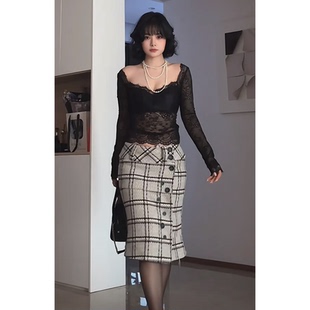 纯欲辣妹气质两件套交叉性感露背带胸垫长袖 毛呢格纹半身裙 蕾丝衫