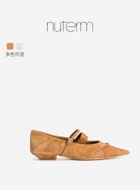 nuterm编织2026春新款欧货真皮尖头平底一字带浅口单鞋软底女鞋
