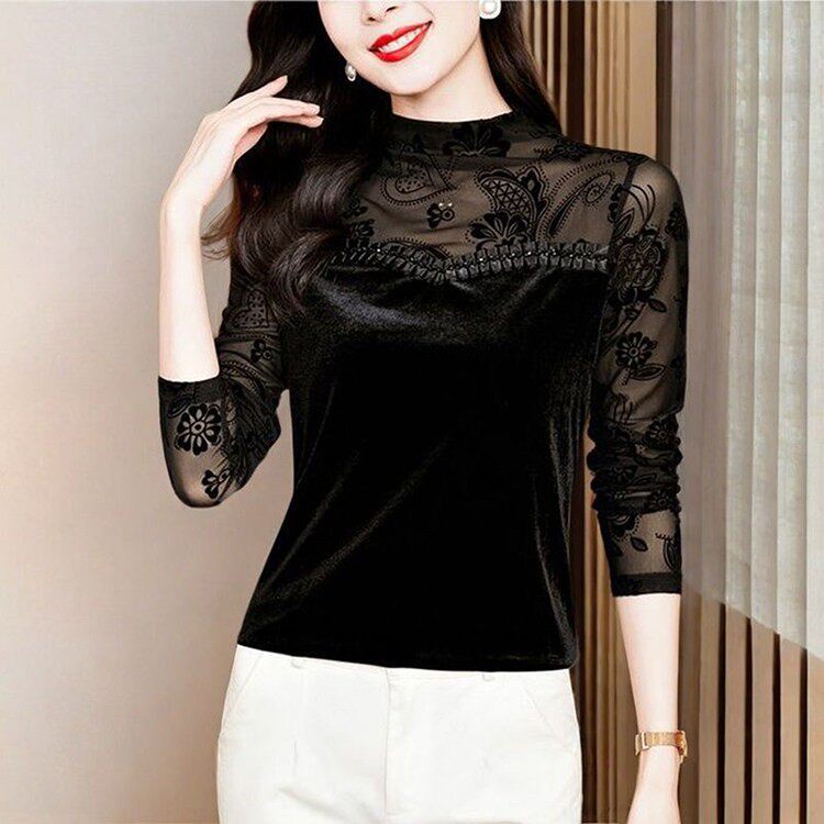 玟若女装2026春季新款长袖洋气减龄T恤显瘦蕾丝上衣女网纱打底a6