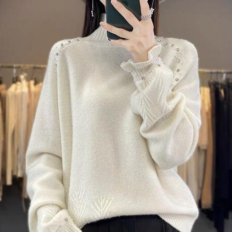 高气质提花保暖钉钻半高领羊毛衫毛衣女洋气内搭针织衫女a5