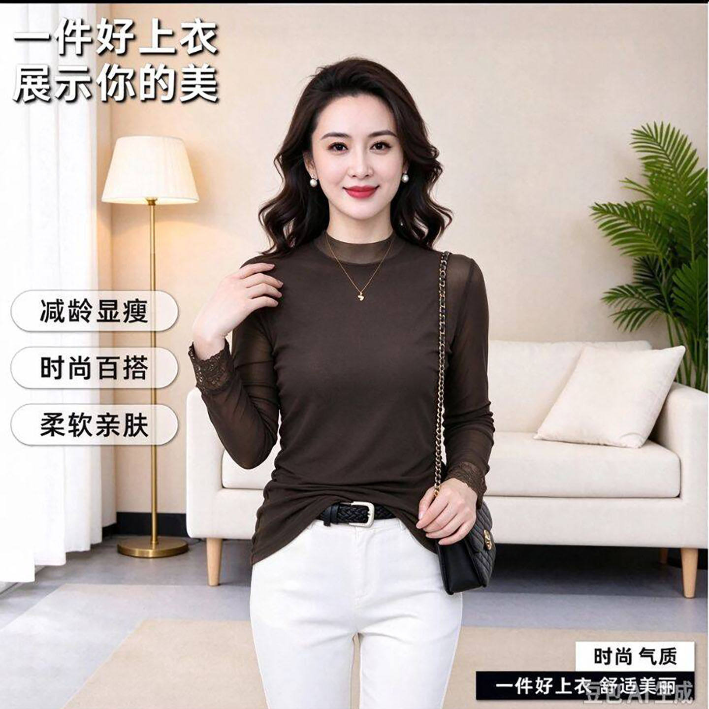 芸菲汇服饰甄选店女装网纱半高领长袖T恤秋季女士显瘦打底衫上a4