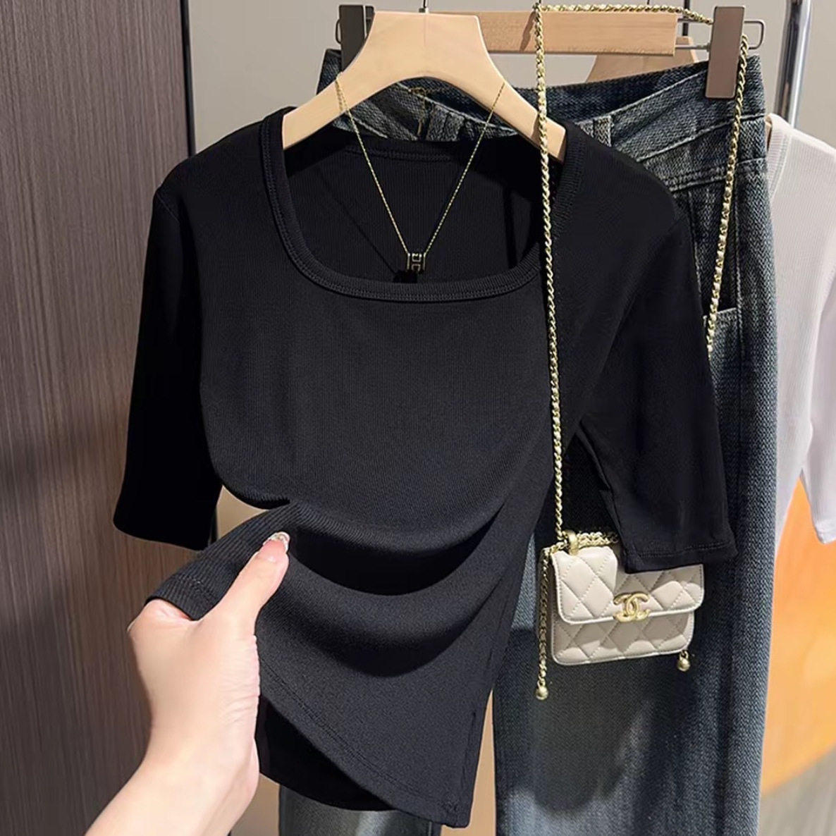 玟若女装方领中袖打底衫女内搭修身T恤显瘦气质五分袖洋气上衣a5