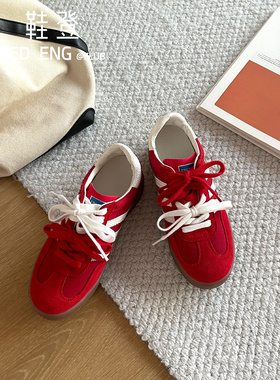 「鞋登」真皮版小个子内增高红色德训鞋女双色鞋带休闲厚底阿甘鞋