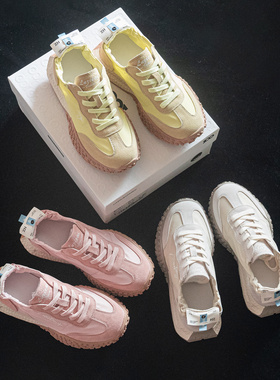 「鞋登」真皮厚底德训鞋2024夏季新款增高百搭透气黄色休闲女鞋子