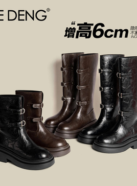 「鞋登」骑士靴女2025新款厚底增高百搭休闲黑色高筒长靴机车靴子