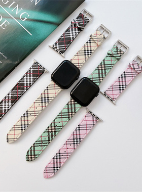 适用apple watch7/6/SE表带苹果手表表带真皮iwatch5/4/3/2 7代41mm45皮质时尚个性运动44/42/40mm格子纹表带