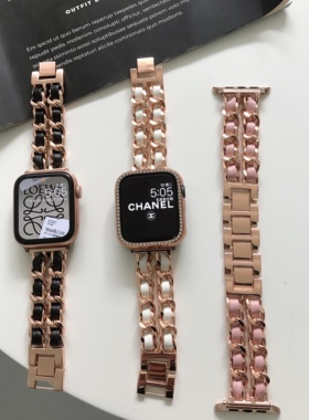 适用苹果Watch Series 11/10手表表带小香风高级感女款金属链条iwatch8/se2智能运动高级s9创意个性配件42/46