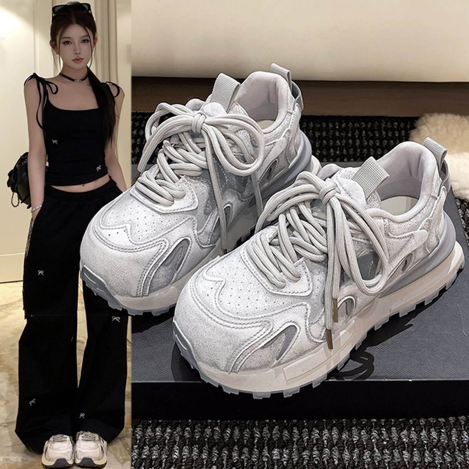 老爹鞋女2026春季新款百搭厚底增高做旧脏脏鞋轻便休闲运动跑步鞋,女鞋,老爹鞋,淘宝优惠券,粉丝福利购,淘宝优惠卷