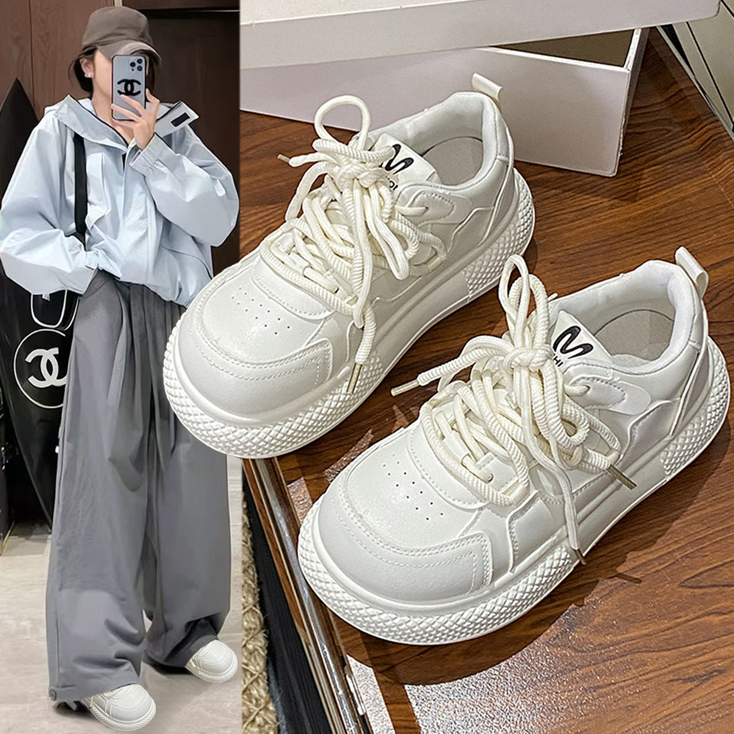 厚底小白鞋女款2026春季新款面包鞋透气百搭休闲鞋增高板鞋运动鞋